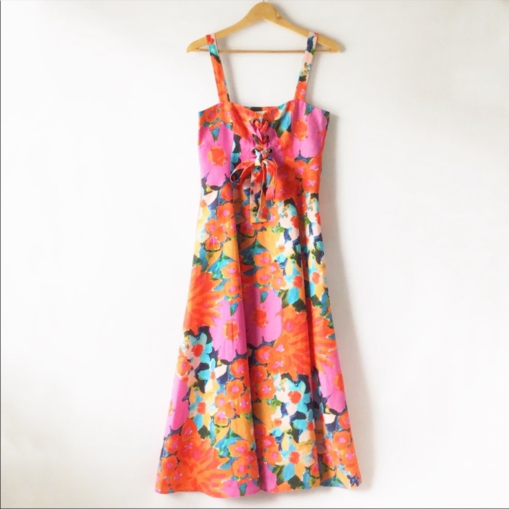 Mara Hoffman lace up mei jardín dress colorful midi length summer floral linen 4
